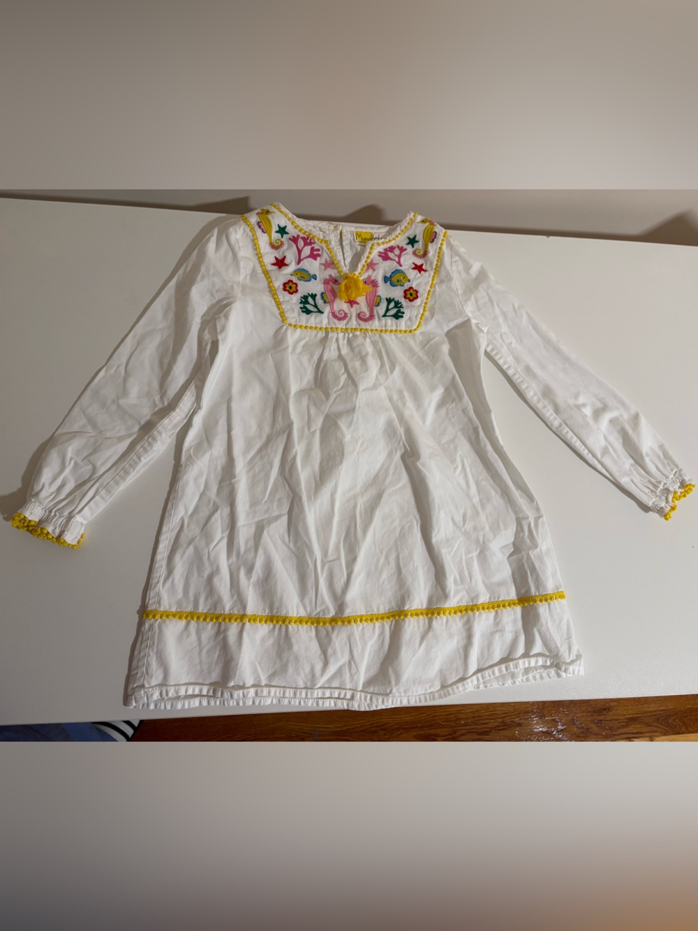 Mini Boden Beach Ocean Sea Creatures Cotton Embroidered White Tunic Dress 6-7Y